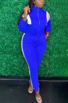 Blue Casual Solid Patchwork Zipper Collar Long Sleeve Two Pieces