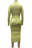 Fluorescent green OL Long Sleeves Turtleneck Hip skirt Ankle-Length Print Draped Dresses
