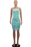 Light Blue Milk. Fashion Sexy adult Ma'am Green Pink Light Blue Light Purple Off The Shoulder Sleeveless Wrapped chest Step Skirt skirt Print Tie and dye Dresses