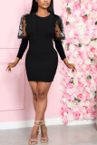 Black Sexy Party Gauze Pit Article Fabrics Patchwork Solid Patchwork See-through O Neck Long Sleeve Mini A Line Dresses
