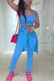 Blue Fashion Casual Adult Solid Patchwork O Neck Long Sleeve Regular Sleeve Regular Two Pieces