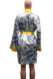 purple Fashion Casual Adult Print Patchwork With Belt V Neck Outerwear