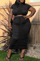 Black Fashion Casual Solid Fold O Neck Plus Size Two Pieces