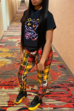Yellow Casual Plaid Patchwork O Neck Short Sleeve Two Pieces