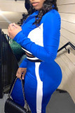 Blue Casual Sportswear Patchwork Basic Zipper Collar Long Sleeve Two Pieces