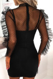 Black Network Sexy Patchwork Solid Hip skirt Long Sleeve Two-Piece Dress
