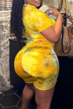 Yellow Casual Print Patchwork O Neck Short Sleeve Two Pieces