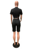 Black Fashion Casual Solid Hollowed Out O Neck Short Sleeve Two Pieces