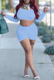 Light Blue Fashion Casual Basic O Neck Long Sleeve Two Pieces