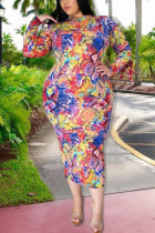 colour Sexy Print O Neck Pencil Skirt Plus Size 