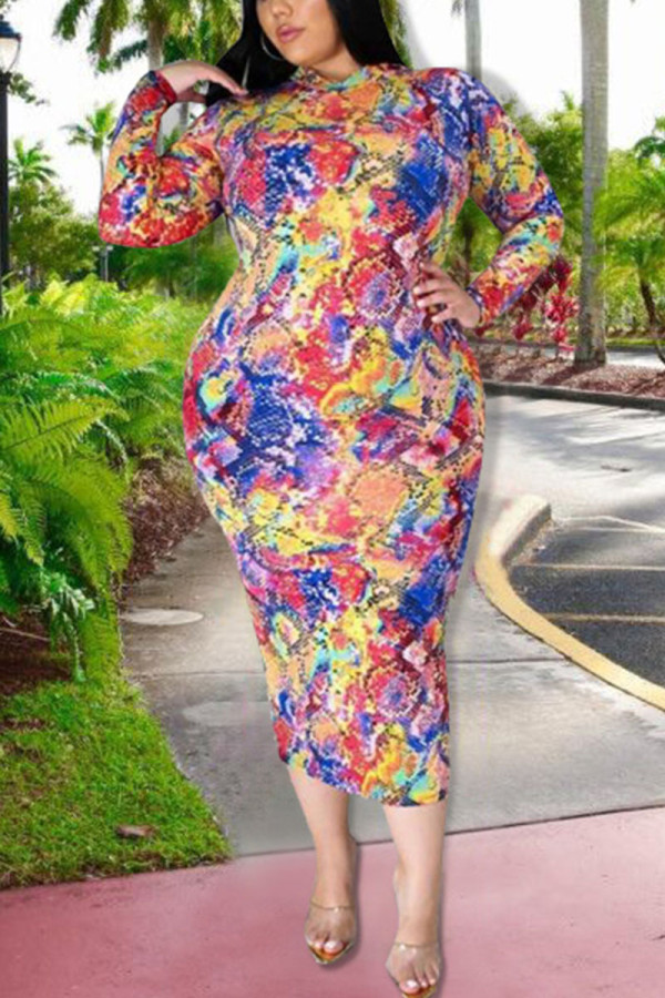 colour Sexy Print O Neck Pencil Skirt Plus Size 