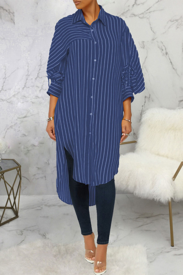 Blue Sexy Striped Print Patchwork Turndown Collar Dresses