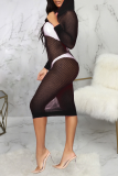 Pink Sexy Solid Mesh V Neck Pencil Skirt Dresses