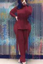 Wine Red Street Solid Fold Turtleneck Long Sleeve Two Pieces
