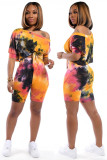Orange Fashion adult Casual Tie Dye Bandage Print Two Piece Suits Patchwork pencil Half Sleeve