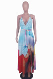 Red Fashion Sexy Print Backless Slit Spaghetti Strap Sleeveless Dress