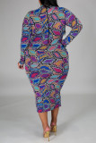 Blue Sexy Plaid Print Basic Turtleneck A Line Plus Size 