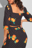Black Sexy Print Patchwork V Neck Long Sleeve Two Pieces