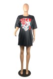 Blue Fashion Casual Print Basic O Neck Short Sleeve T-shirt Dress