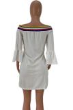 White One word collar Three Quarter Solid asymmetrical Patchwork ruffle Long Sleeve Tops