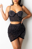 Orange Fashion Sexy Hot Drilling Backless Spaghetti Strap Sleeveless Two Pieces