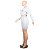 Grey Elastic Fly Mid Letter Loose Pants Two-piece suit