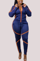 Dark Blue Fashion Sportswear Adult Twilled Satin Solid Patchwork Turndown Collar Long Sleeve Regular Sleeve Regular Two Pieces