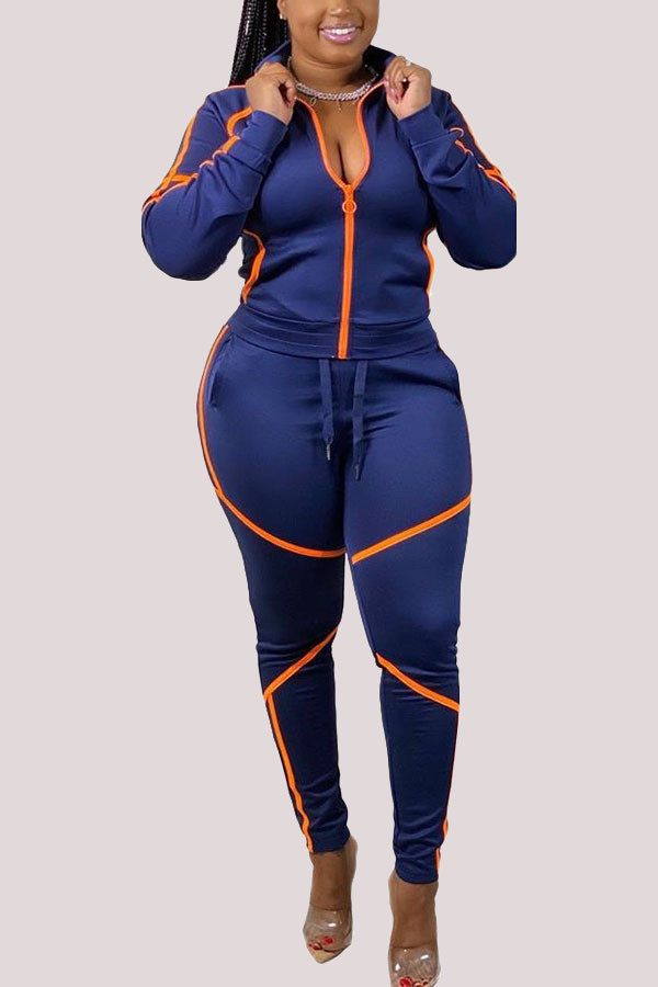 Dark Blue Fashion Sportswear Adult Twilled Satin Solid Patchwork Turndown Collar Long Sleeve Regular Sleeve Regular Two Pieces