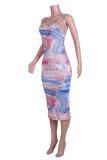 Light Blue Fashion Sexy Print Backless Spaghetti Strap Sleeveless Dress Dresses