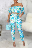 Blue Sexy Print Patchwork Off the Shoulder Half Sleeve Two Pieces