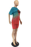 Blue Red Casual Gradual Change Lips Printed Patchwork O Neck Short Sleeve Two Pieces