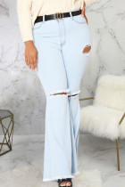 Baby Blue Sexy Denim Solid Ripped Plus Size 