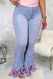Baby Blue Sexy Solid Tassel Mid Waist Regular Denim
