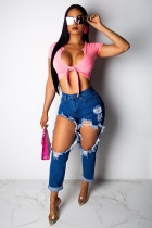 Dark Blue Denim Button Fly Sleeveless High Hole Patchwork Solid pencil Pants Pants