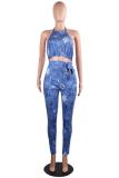 Blue Sexy Fashion Print Backless Patchwork Sleeveless O Neck Jumpsuits