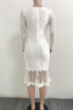 White Sexy Solid Hollowed Out V Neck Cake Skirt Dresses