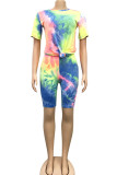 Fluorescent green Spandex Fashion Casual adult Ma'am O Neck Geometric Tie Dye Two Piece Suits Stitching Plus Size 