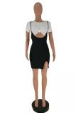 Black Casual Fashion Spaghetti Strap Cap Sleeve Short Sleeves Slip O neck Sheath Mini split asym