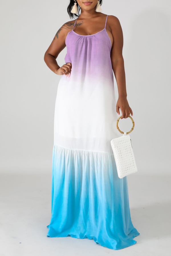 Multicolor Sexy Gradual Change Patchwork Spaghetti Strap Cake Skirt Dresses