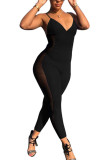 Blue Fashion street Patchwork Mesh Solid Sleeveless V Neck Jumpsuits