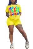 Black Fashion Casual adult Letter Patchwork Print Two Piece Suits Straight Short Sleeve Two Pieces