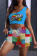 Blue Fashion Casual Print Basic One Shoulder Sleeveless Two Pieces