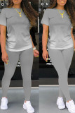 Grey Casual Gradual Change Patchwork O Neck Short Sleeve Two Pieces