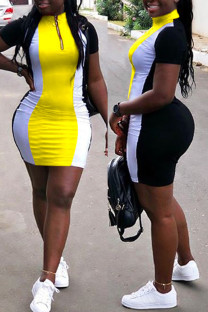 Yellow Sexy Fashion Cap Sleeve Short Sleeves Turndown Collar Step Skirt skirt Patchwork Print chain 