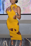 Yellow Sexy Solid Hollowed Out Pencil Skirt Dresses
