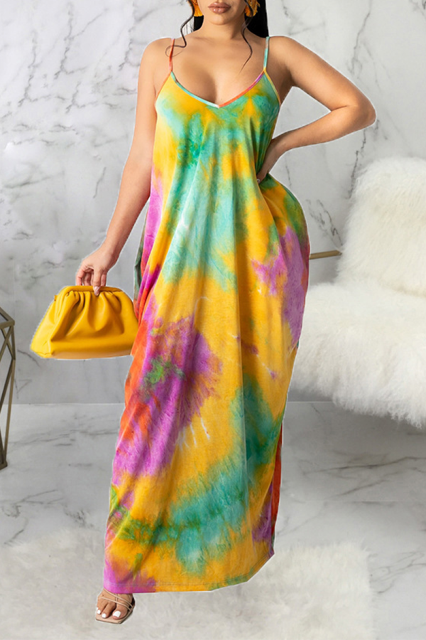 Multicolor Sexy Patchwork Tie-dye Spaghetti Strap Straight Dresses