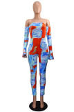 Orange Fashion Sexy Print Bateau Neck Skinny Jumpsuits
