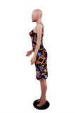 Black Fashion Sexy Print Backless Spaghetti Strap Sleeveless Dress