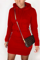 Wine Red Street Cap Sleeve Long Sleeves Hooded Step Skirt Knee-Length Solid