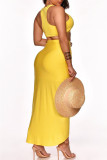 Yellow Sexy Casual Solid Patchwork Asymmetrical O Neck Sleeveless Two Pieces
